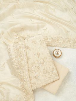 Koskii - Cream Silver Stone Work Tissue Unstitched Kurta with Bottom & Dupatta