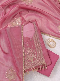 Koskii - Onion Pink Zari Work (Gold) Tissue Unstitched Kurta with Bottom & Dupatta