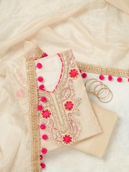 Koskii - Beige Aari Work Crepe Unstitched Kurta with Bottom & Dupatta