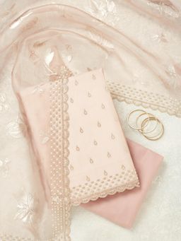 Koskii - Peach Stone Work (Gold) Tissue Unstitched Kurta with Bottom & Dupatta