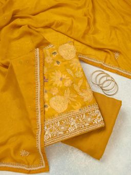 Koskii - Mustard Cutdana Crepe Unstitched Kurta with Bottom & Dupatta
