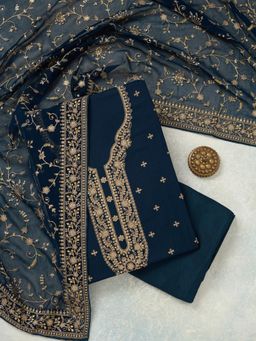 Koskii - Navy Blue Thread Work Georgette Unstitched Kurta with Bottom & Dupatta
