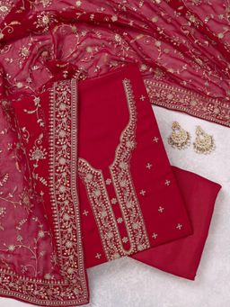Koskii - Rani Pink Thread Work Georgette Unstitched Kurta with Bottom & Dupatta