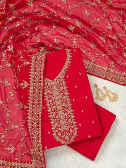 Koskii - Red Thread Work Georgette Unstitched Kurta with Bottom & Dupatta