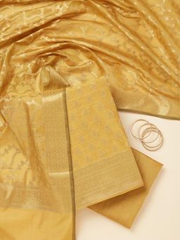 Koskii - Mustard Zari Work (Gold) Silk Unstitched Kurta with Bottom & Dupatta