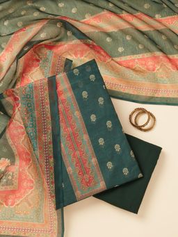 Koskii - Bottle Green Zari Work (Gold) Chanderi Unstitched Kurta with Bottom & Dupatta