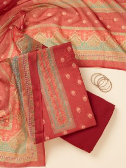 Koskii - Red Zari Work (Gold) Chanderi Unstitched Kurta with Bottom & Dupatta