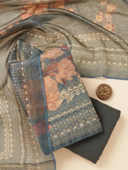 Koskii - Dark Grey Zari Work (Gold) Chanderi Unstitched Kurta with Bottom & Dupatta