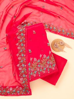 Koskii - Rani Pink Thread Work Semi Crepe Unstitched Kurta with Bottom & Dupatta