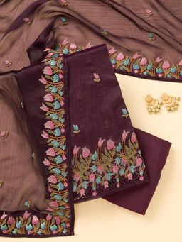 Koskii - Wine Thread Work Semi Crepe Unstitched Kurta with Bottom & Dupatta
