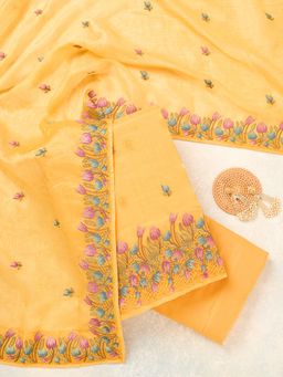 Koskii - Yellow Thread Work Semi Crepe Unstitched Kurta with Bottom & Dupatta