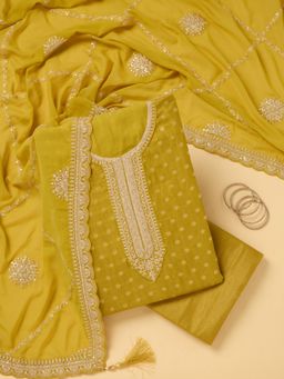 Koskii - Mustard Zari Work (Gold) Chanderi Unstitched Kurta with Bottom & Dupatta