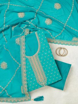 Koskii - Turquoise Zari Work (Gold) Chanderi Unstitched Kurta with Bottom & Dupatta