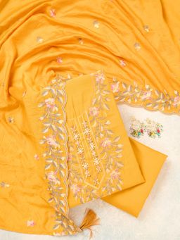 Koskii - Mustard Thread Work Semi Crepe Unstitched Kurta with Bottom & Dupatta