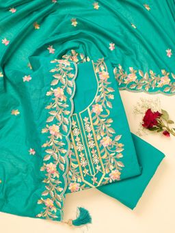Koskii - Peacock Green Thread Work Semi Crepe Unstitched Kurta with Bottom & Dupatta