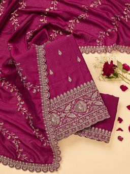 Koskii - Wine Zardozi(Antique) Soft Raw Silk Unstitched Kurta with Bottom & Dupatta