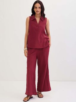 Femmella - Maroon Solid Relaxed Tunic and Pant (Set of 2)