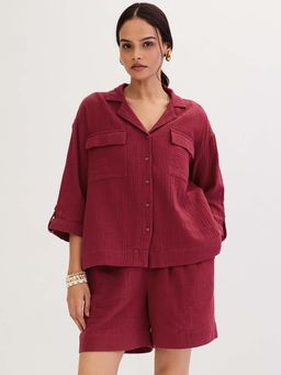 Femmella - Maroon Solid Relaxed Shirt and Shorts (Set of 2)