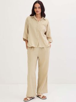 Femmella - Beige Solid Relaxed Shirt and Pant (Set of 2)