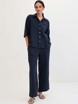 Femmella - Navy Blue Solid Relaxed Shirt and Pant (Set of 2)