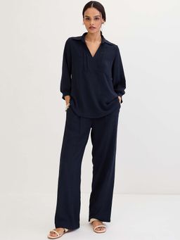 Femmella - Navy Blue Solid Relaxed Tunic and Pant (Set of 2)