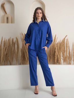 SAY - Blue Solid Regular Shirt and Pant (Set of 2)
