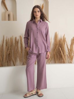 SAY - Purple Solid Regular Shirt and Pant (Set of 2)