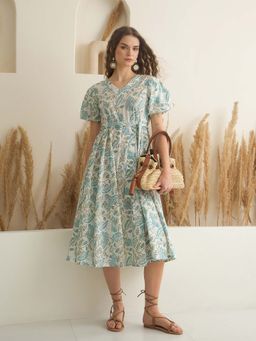 SAY - Blue Printed A-Line Dress and Belt (Set of 2)