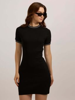 Outzidr - Black Cotton Varsity Ribbed Bodycon Street Style Dress