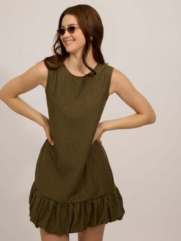 Outzidr - Olive Cotton Bubble Hem Vacay Dress