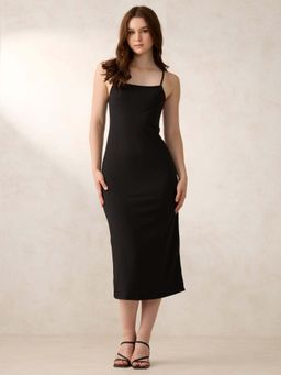 Outzidr - Black Cotton Strappy Square Neck Bodycon Street Style Dress