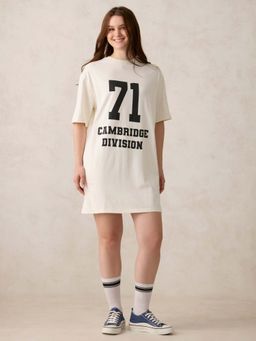 Outzidr - Off Cotton White Varsity Graphic Street Style Dress