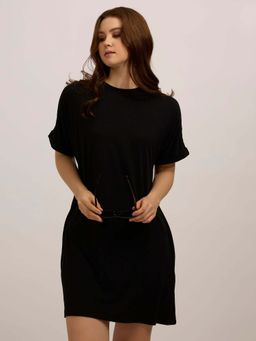 Outzidr - Black Cotton Fold Up Sleeve T-Shirt Street Style Dress