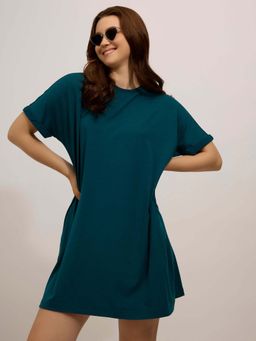 Outzidr - Teal Cotton Fold Up Sleeve T-Shirt Street Style Dress