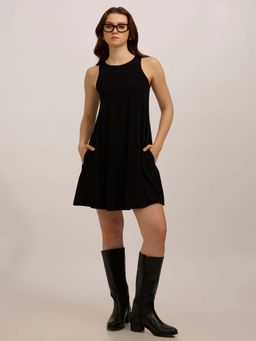 Outzidr - Black Cotton Solid Flowy Mini Street Style Dress