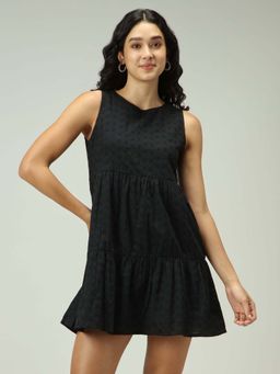 Outzidr - Black Schifley Mini Tiered Schiffli Vacay Dress