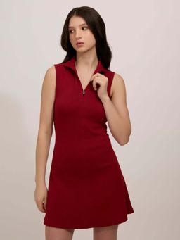 Outzidr - Red Cotton Rib Skater Casual Wear Dress