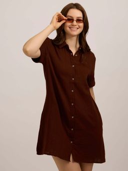 Outzidr - Brown Cotton Aline Shirt Casual Wear Dress