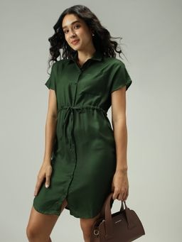 Outzidr - Olive Vacay Shirt Dress With Elasticated Waist