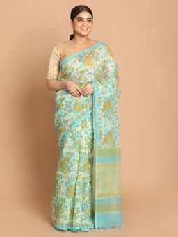 Indethnic - Green Floral Cotton Blend Saree with Unstitched Blouse