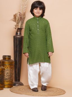 AJ Dezines - Kids Green Cotton Sequined Chikankari Kurta with Salwar For Boys (Set of 2)