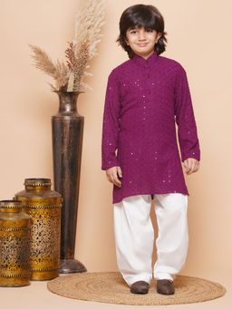 AJ Dezines - Kids Purple Cotton Sequined Chikankari Kurta Salwar For Boys (Set of 2)