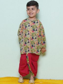 AJ Dezines - Full Sleeves Multi Color Print Cotton Dhoti with Kurta for Boys (Set of 2)