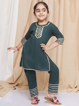 AJ Dezines - Three Fourth sleeves Green Kurti with Pyjama for Girls (Set of 2)