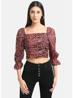 Kazo - Black Ruched Printed Crop Top