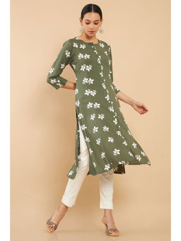 Soch - Olive Rayon Screen Printing A-line Fit Kurta