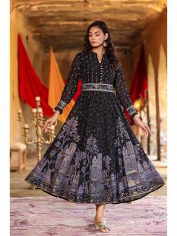 Juniper - Black Ethnic Motif Printed Georgette Maxi Dress