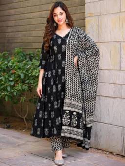 arangya - Black Floral Print Cotton Blend Anarkali Kurta with Pant and Dupatta