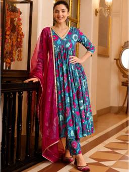 arangya - Blue Floral Print Cotton Blend Anarkali Kurta with Pant and Dupatta