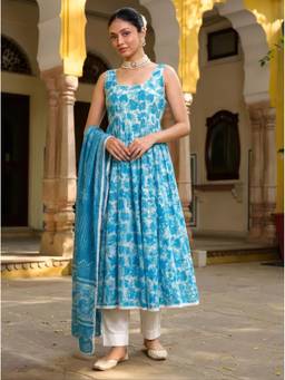 arangya - Turquoise Floral Cotton Blend Anarkali Kurta with Pant and Dupatta